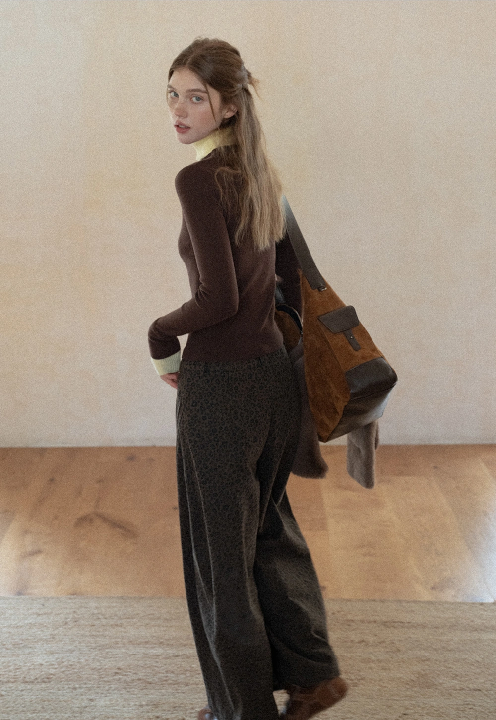 Casual Brown Turtleneck Sweater with Yellow Cuffs