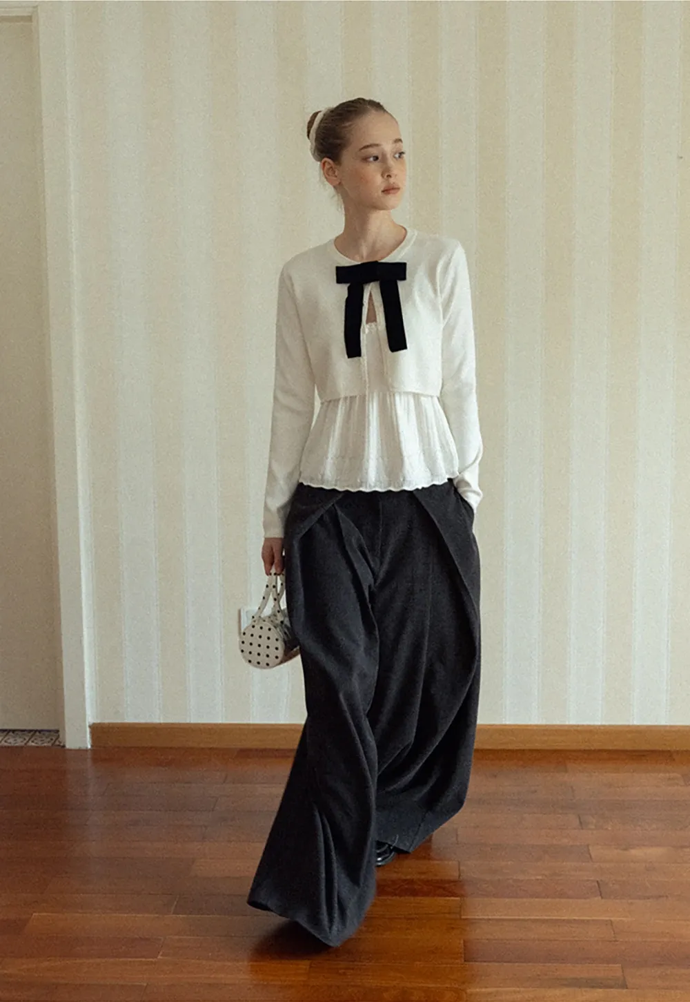 Chic White Cardigan with Bow Tie and Matching Camisole