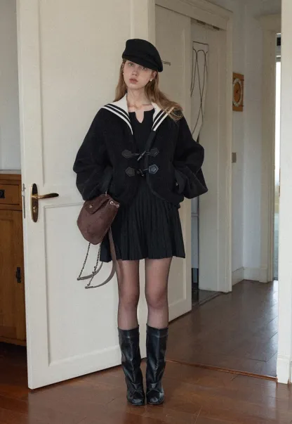 Black Pleated Dress with Bell Sleeves for Women