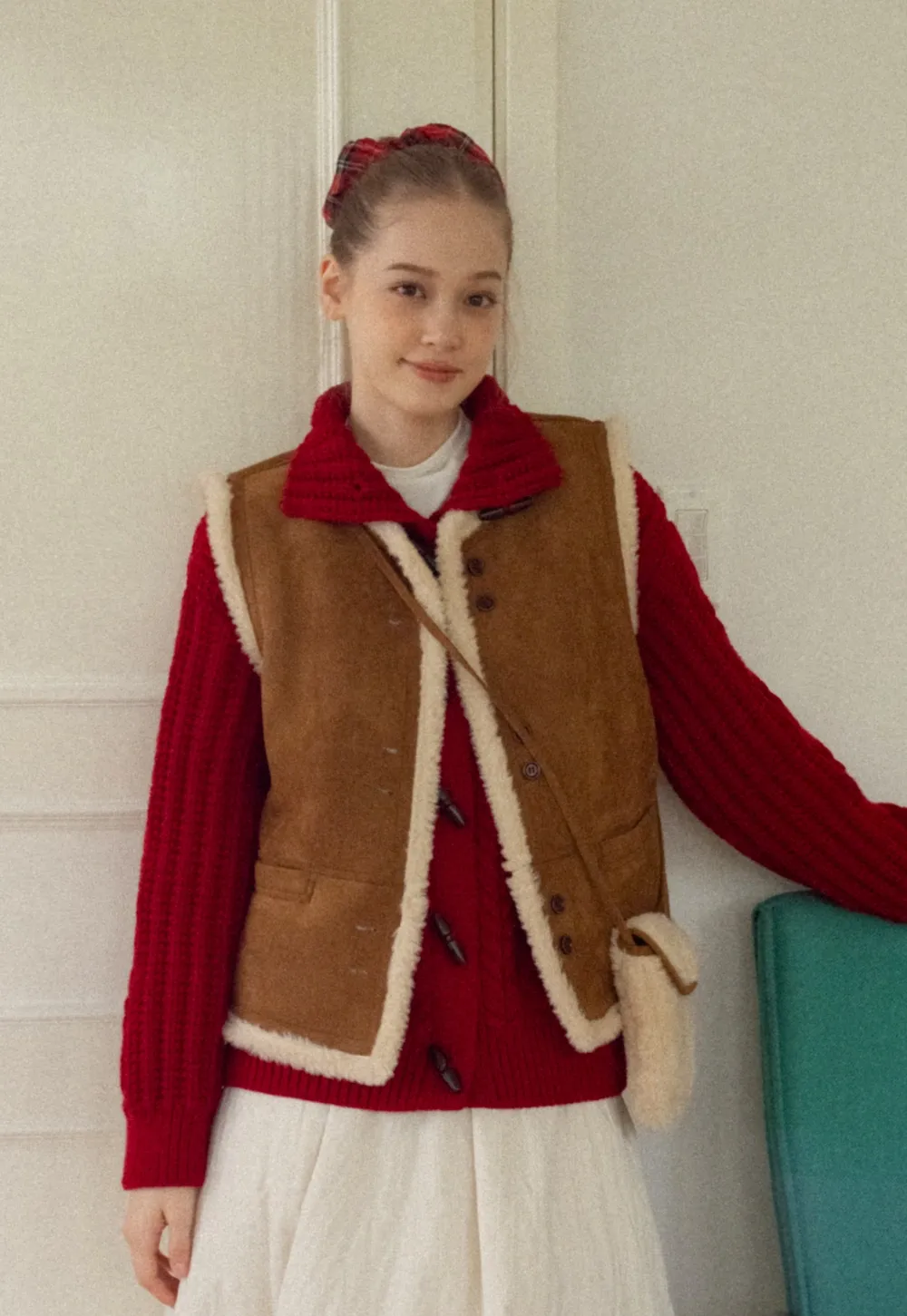 Women Brown Suede Shearling Vest with Warm Fleece Lining
