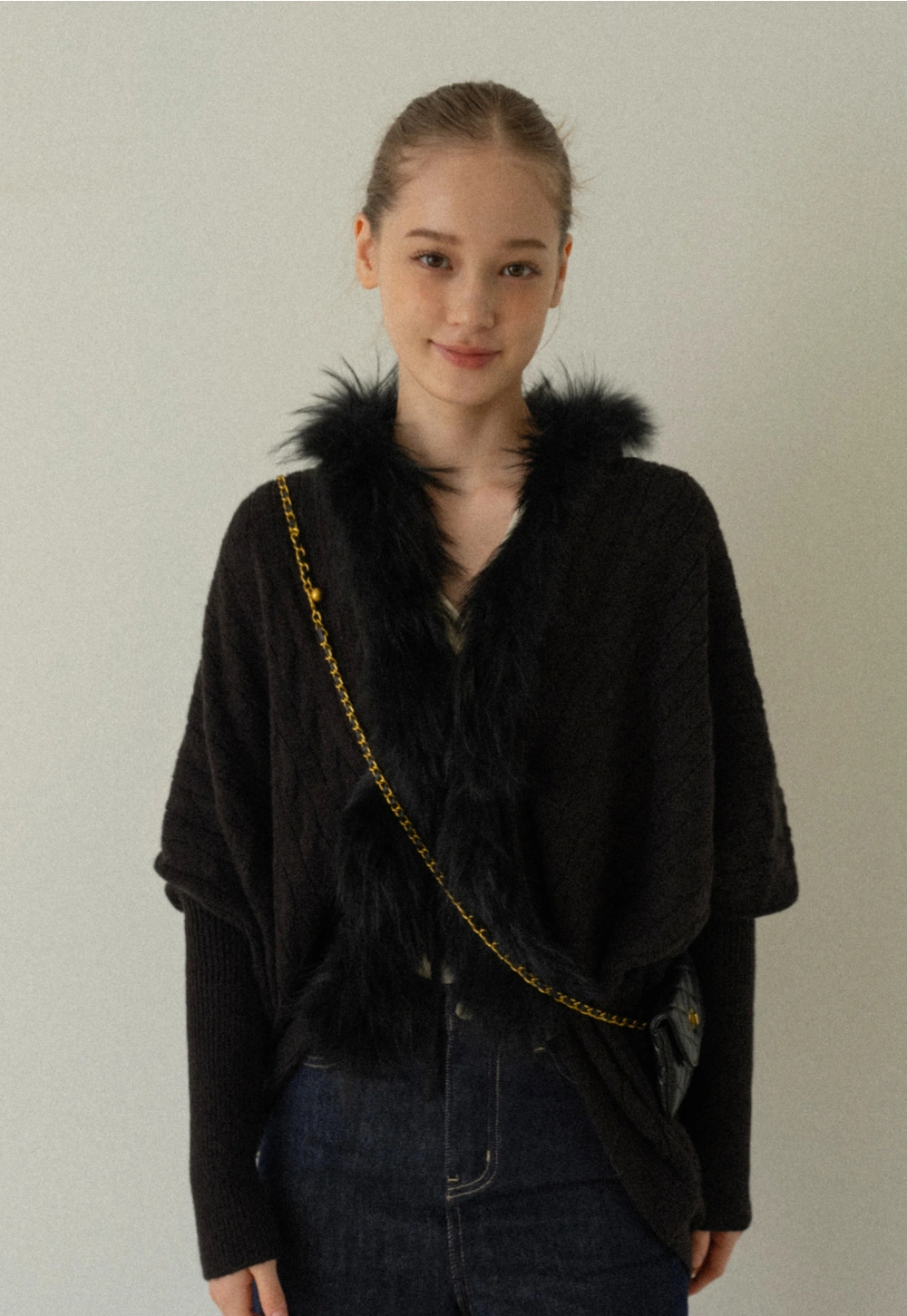 Faux Fur Collar Cable Knit Poncho Sweater for Women