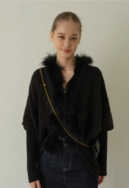 Faux Fur Collar Cable Knit Poncho Sweater for Women