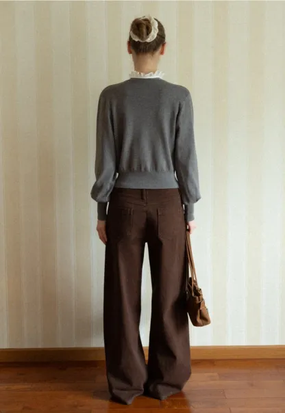 Women V-Neck Cardigan with Puff Long Sleeves