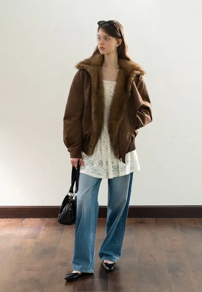 Faux Suede Jacket with Fur Collar
