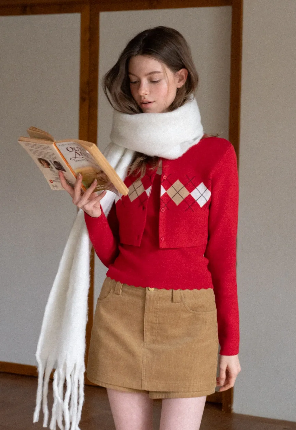 Women Red Tank Top and Argyle Cardigan Set