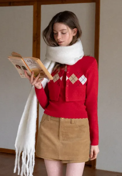 Women Red Tank Top and Argyle Cardigan Set