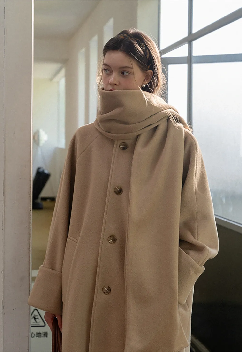 Women Wool Coat with Attached Scarf