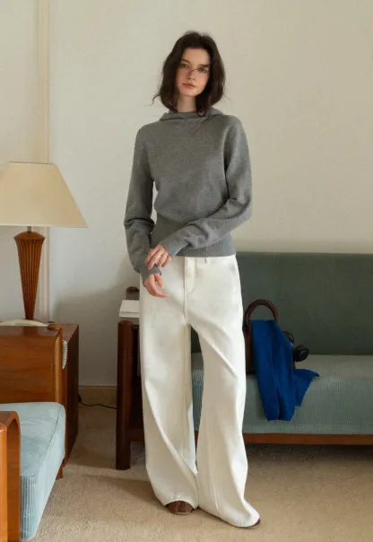 Fashionable Grey Sweater with Hood and Ribbed Trim