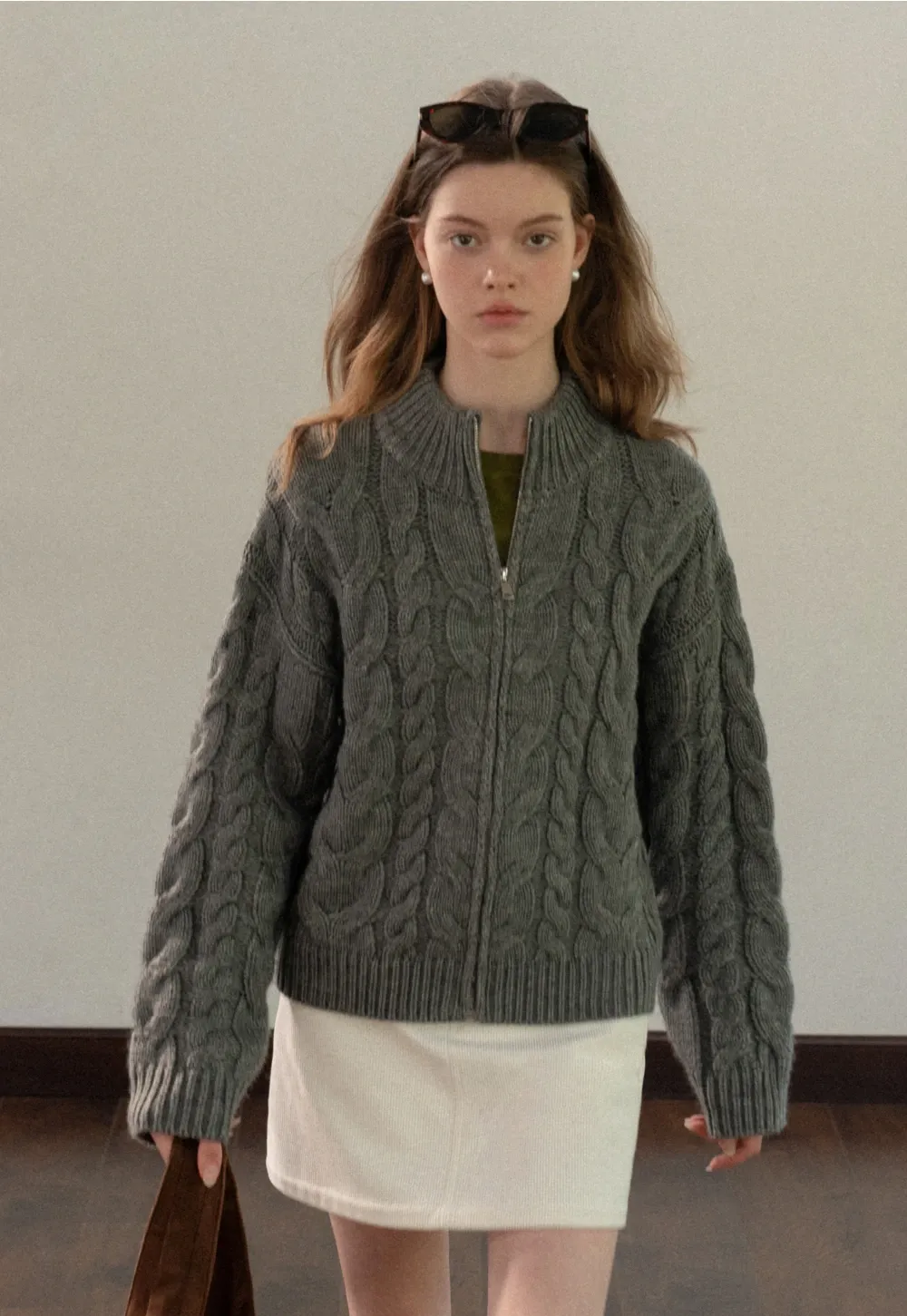 Stand-Collar Cable Zip Sweater