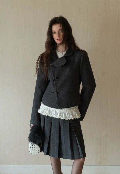 Women Vintage Blazer and Pleated Skirt Two Piece Set
