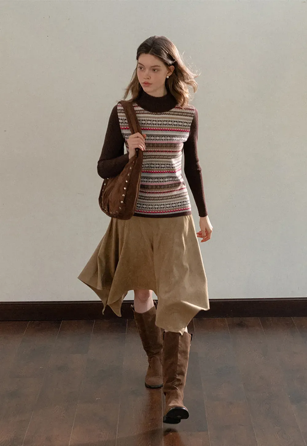 Striped Fair Isle Turtleneck Knit Top