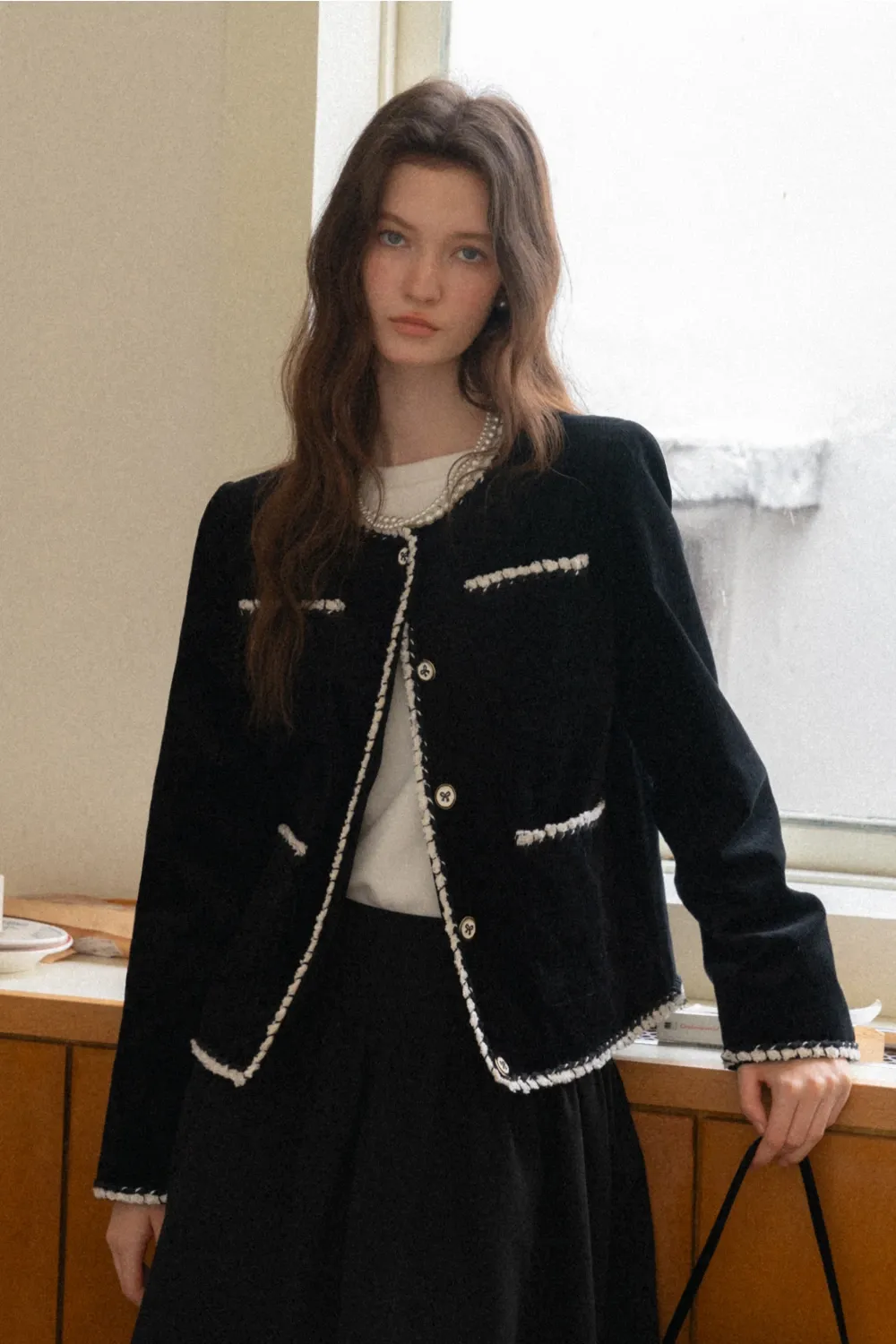 Womens Classic Contrast Trim Tweed Short Jacket