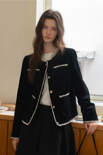 Womens Classic Contrast Trim Tweed Short Jacket