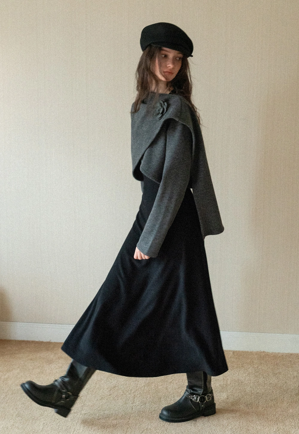 Black Long Sleeve Dress with Grey Cardigan Set