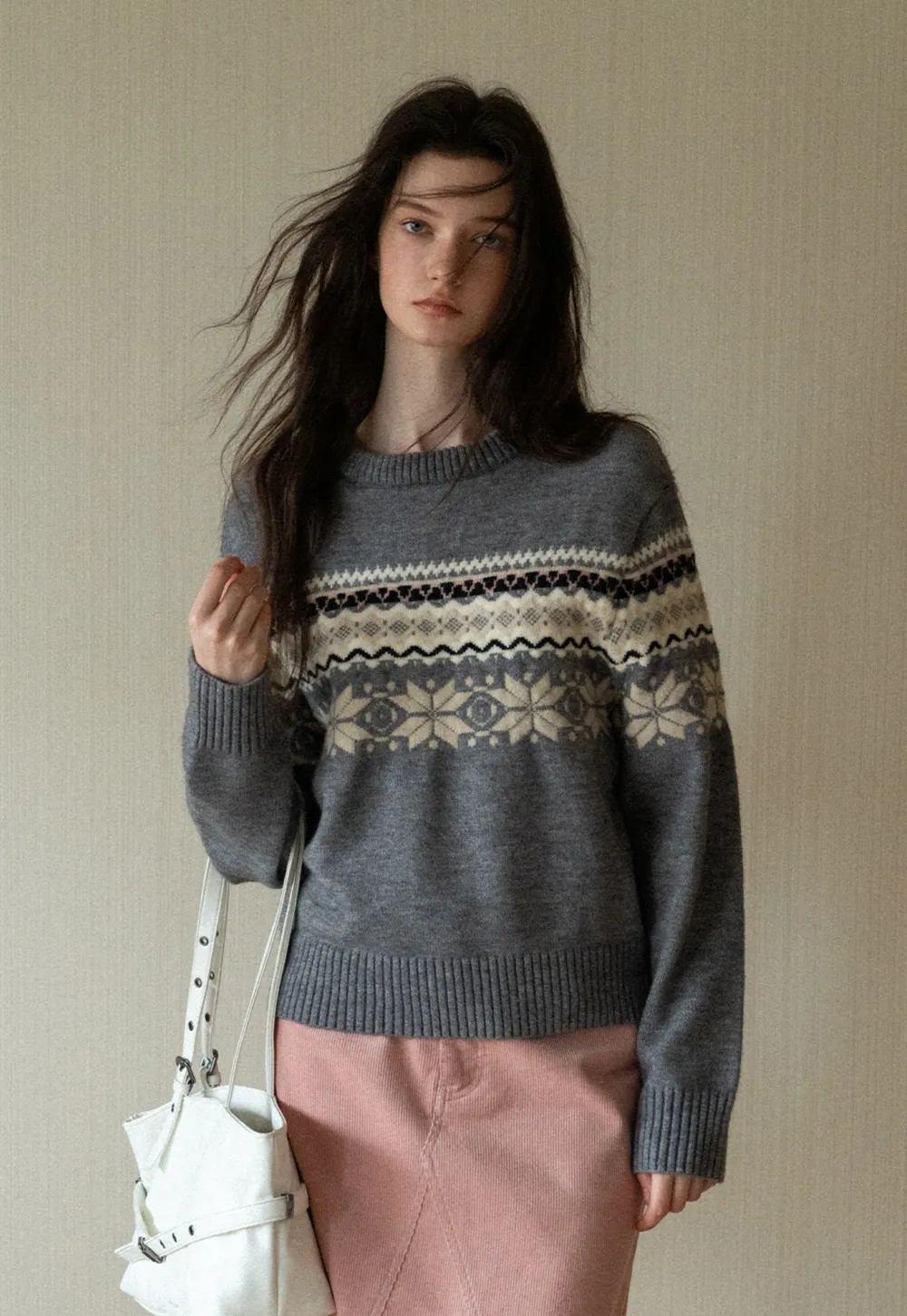 Gray Knit Sweater with Fair Isle Pattern
