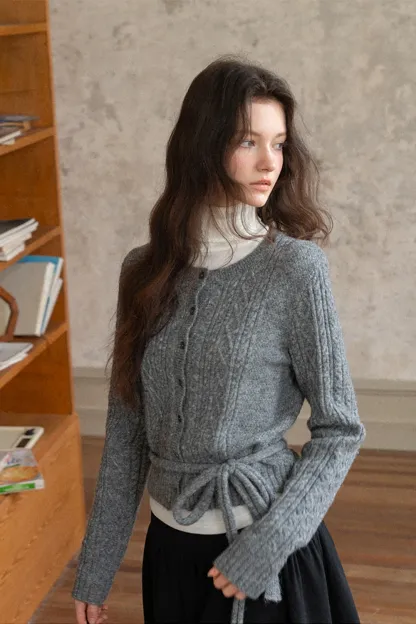 Cable Knit Cardigan with Tie-Front Detail