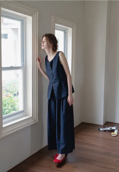 Women’s Button Vest & Wide-Leg Pants Set with Waist Cord