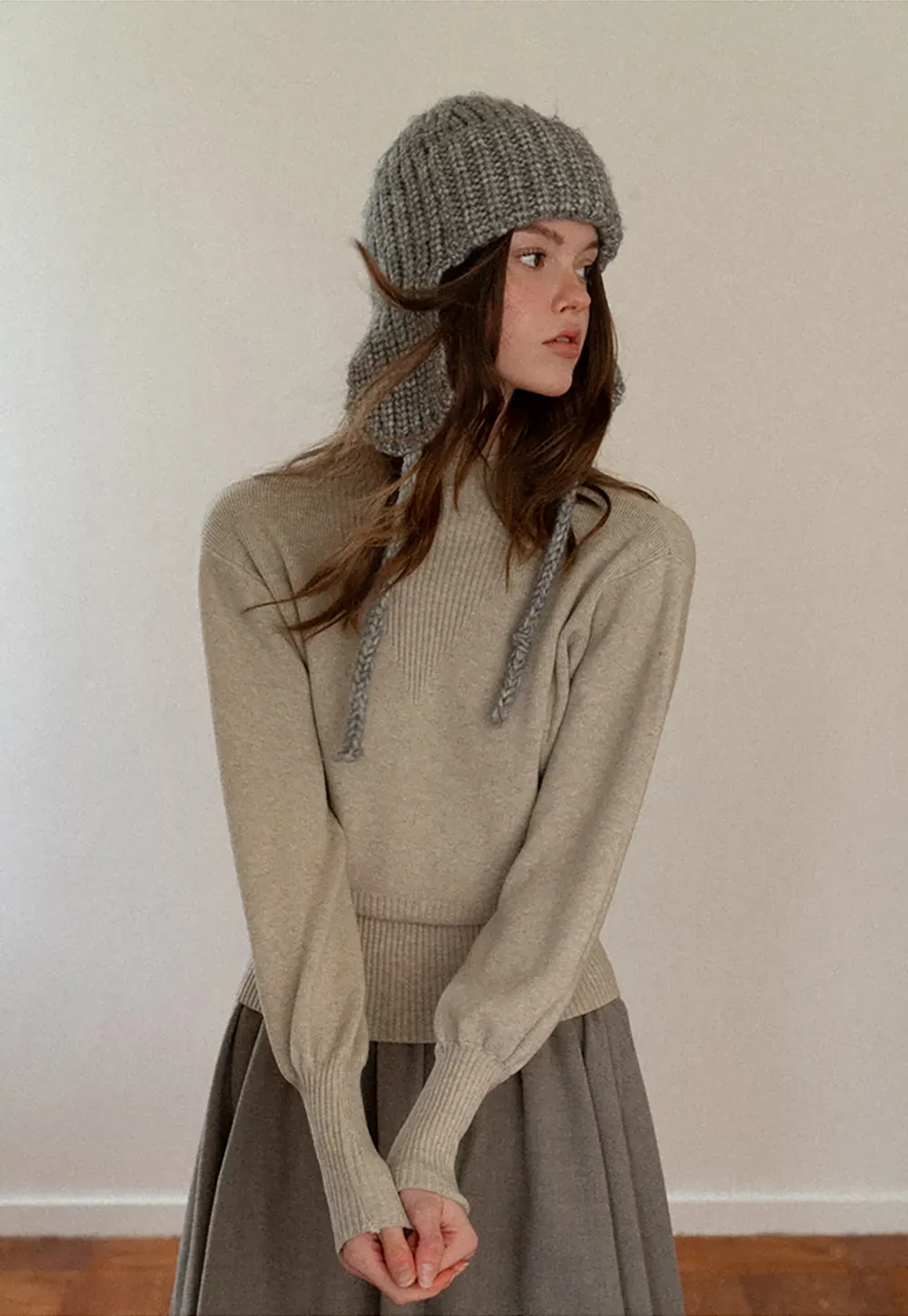 Ribbed High-Neck Sweater with Balloon Sleeves
