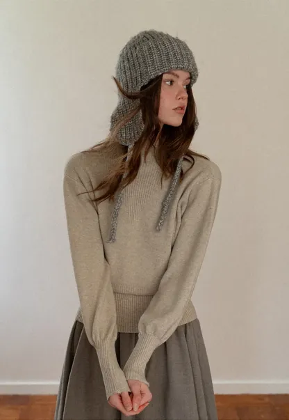 Ribbed High-Neck Sweater with Balloon Sleeves