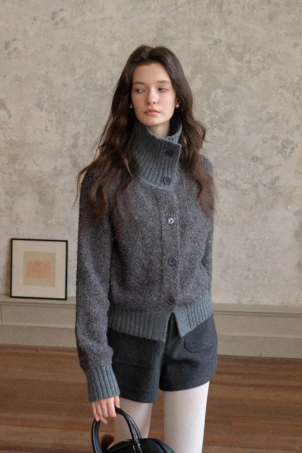 Single-Breasted High Neck Raglan Sweater