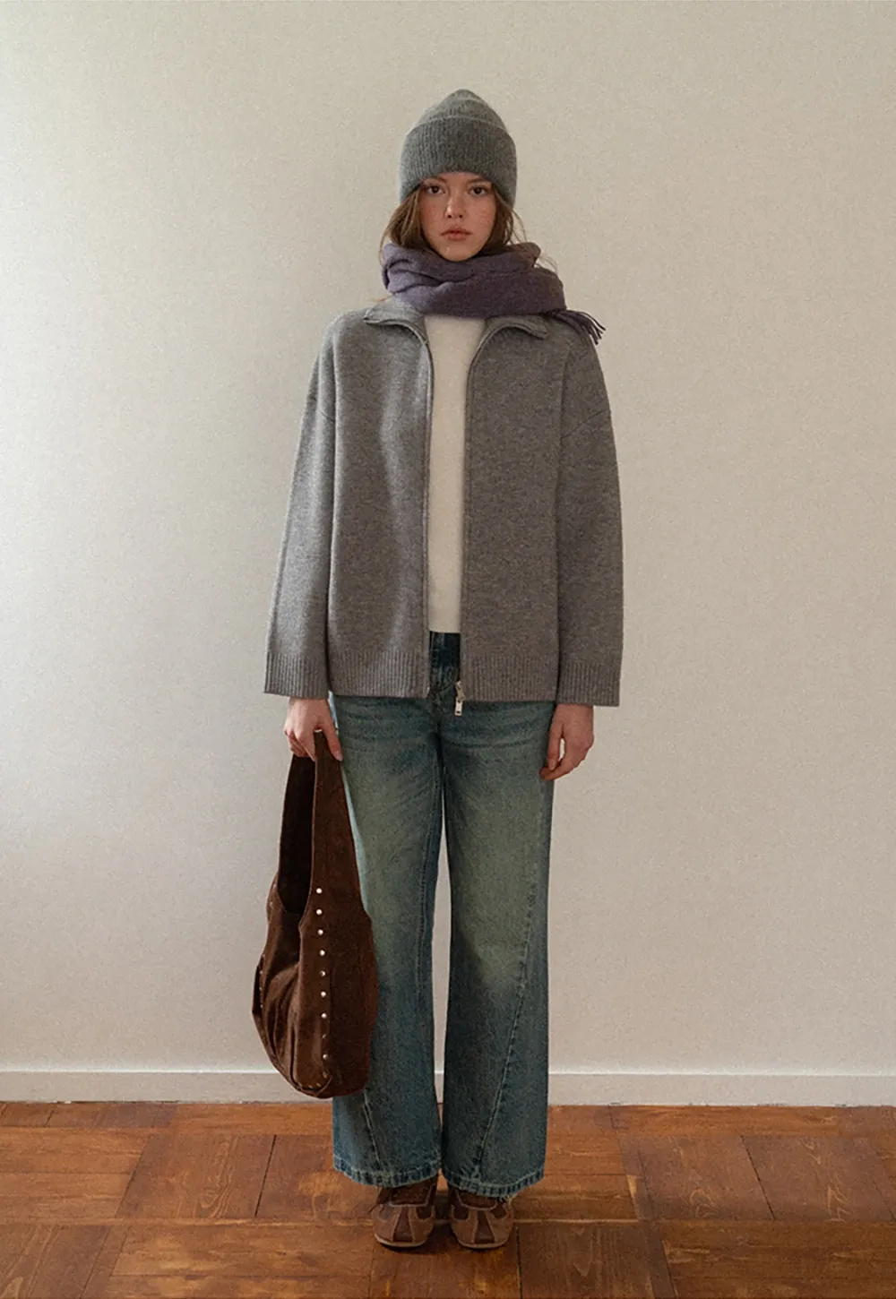 Women Grey Zip-Up Sweater with Ribbed Collar