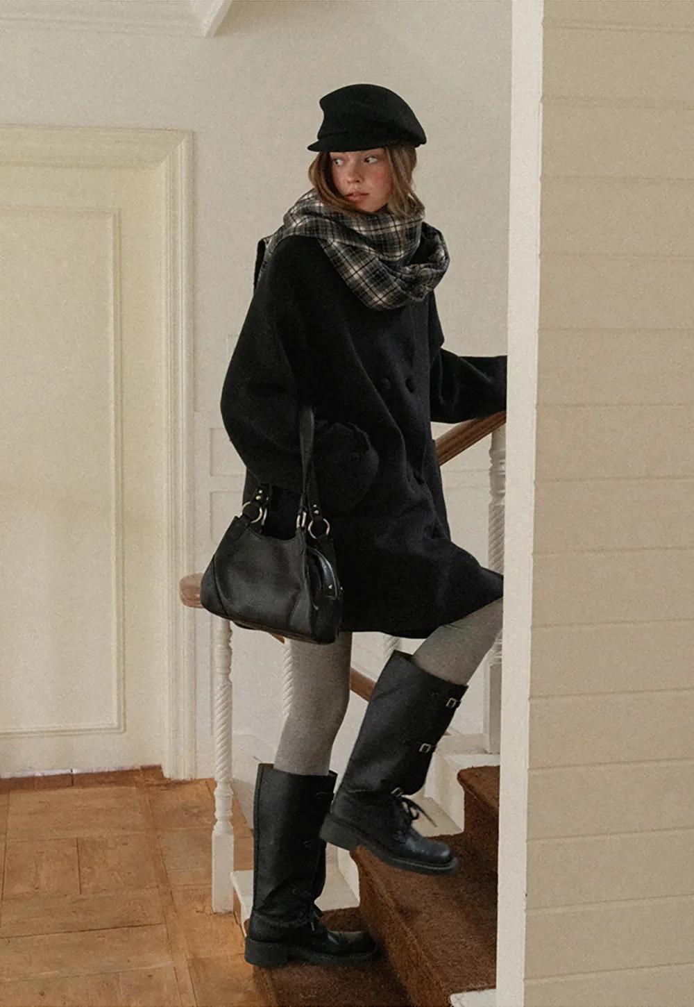 Women Black Wool Coat with Plaid Scarf Set