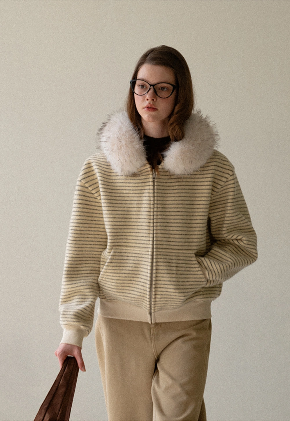Women Striped Zip-Up Hoodie with Fur Collar