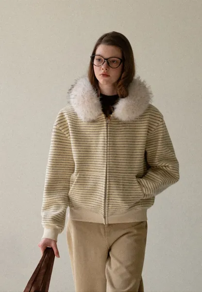 Women Striped Zip-Up Hoodie with Fur Collar