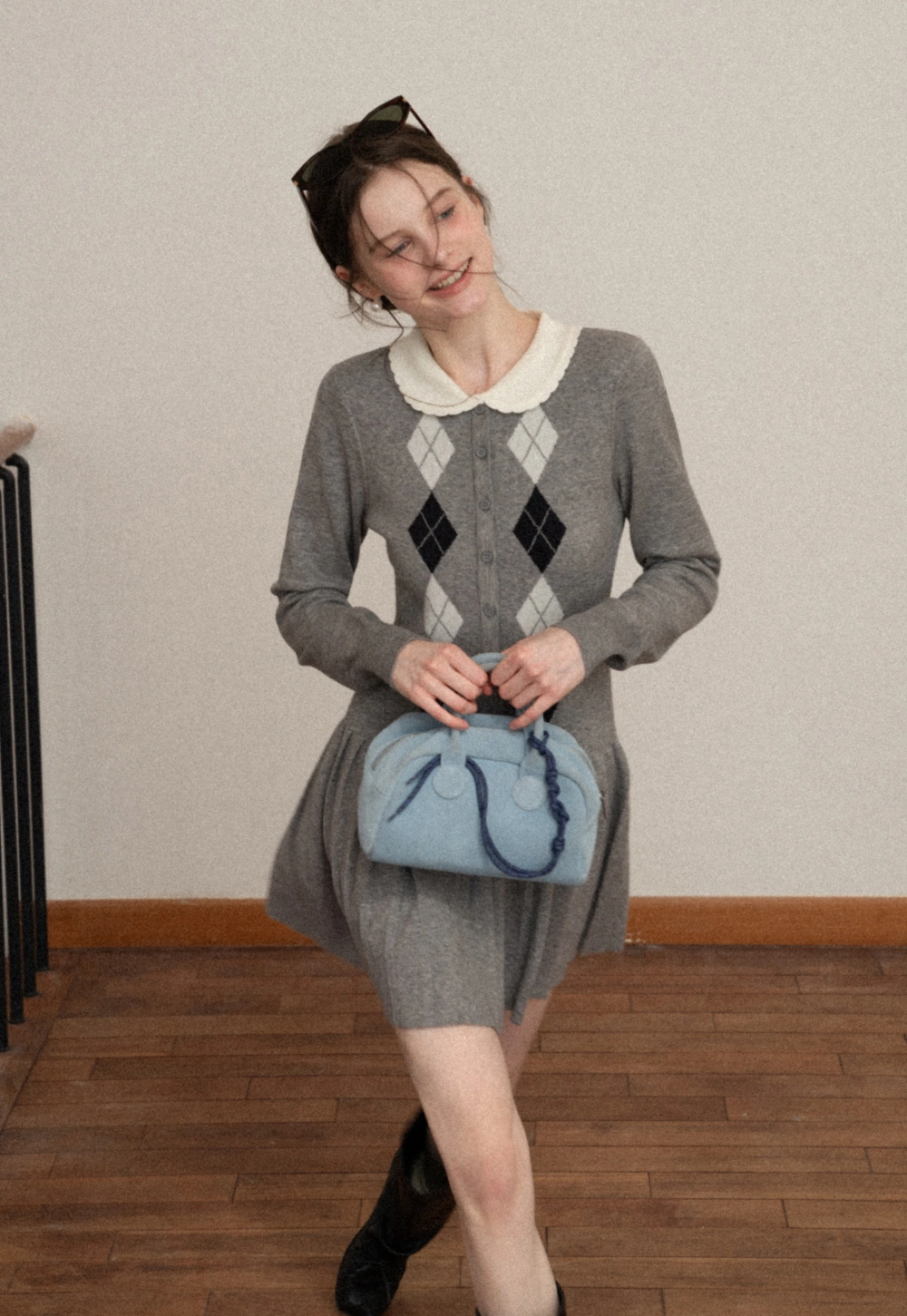 Argyle Knit Dress with Peter Pan Collar