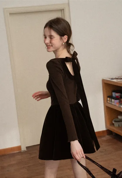 Chic Brown Velvet Mini Dress with Bell Sleeves