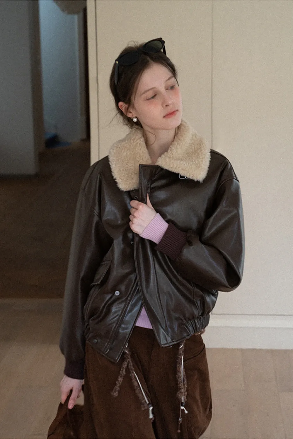 Faux Leather Bomber Jacket with Fur Collar