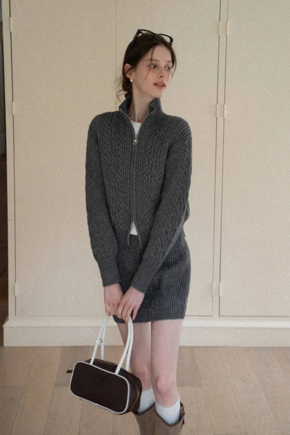 Cable Knit Zip-Up Sweater and Skirt Set