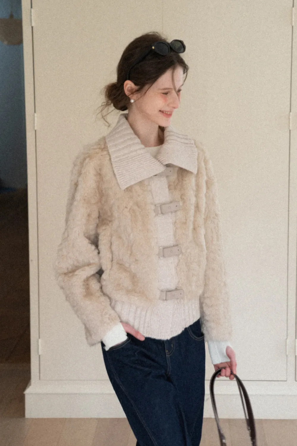 Collar Knit Patchwork Faux Shearling Coat