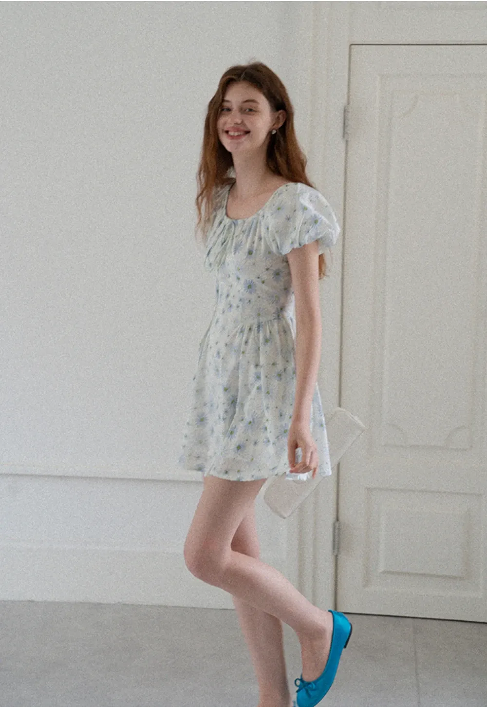 Square Neck Puff Sleeve Daisy Print Dress
