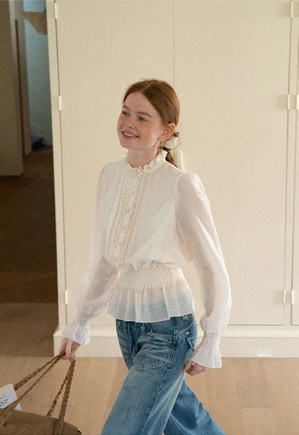 Ruffled Collar Smocked Waist Blouse