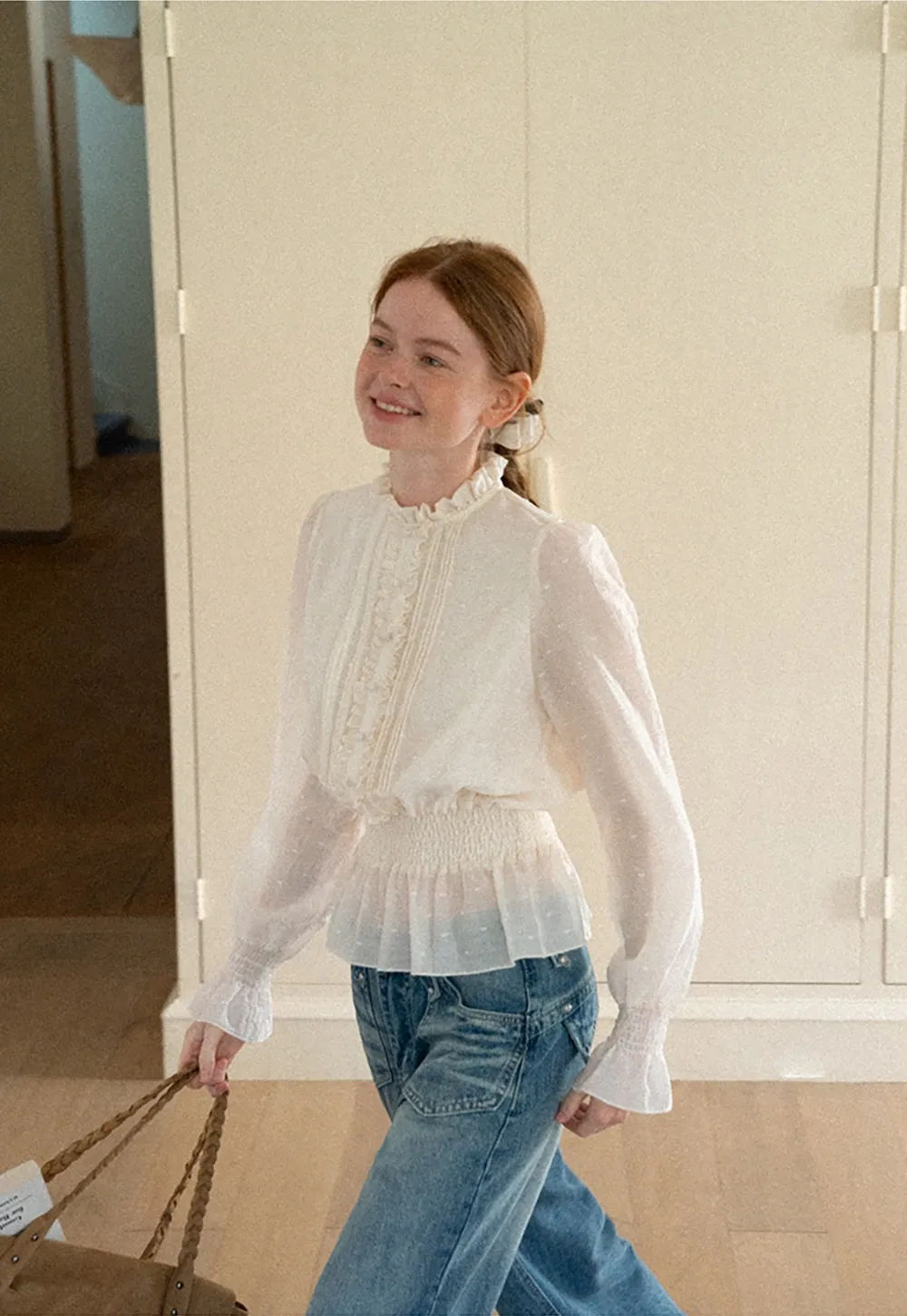 Ruffled Collar Smocked Waist Blouse