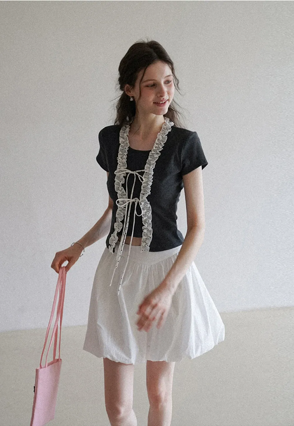 Short Sleeve Ruffle Crop Top with Bow Detail