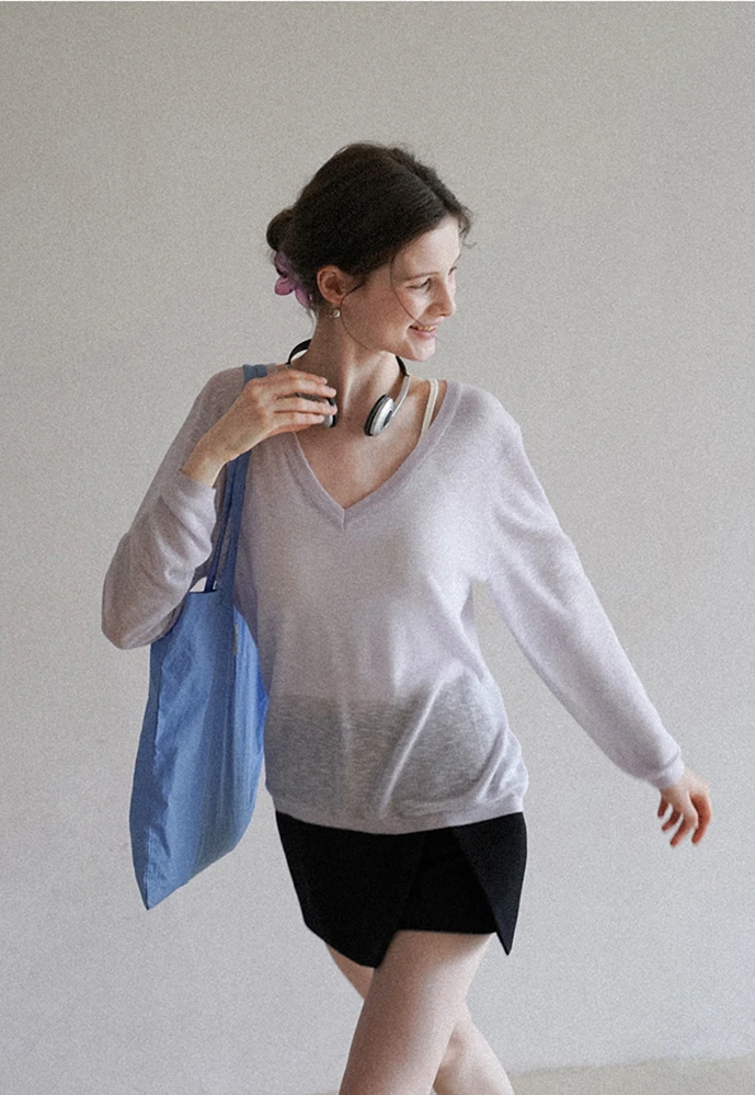 Women’s Sheer V-Neck Long-Sleeve Pullover