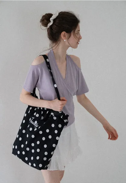 Polka Dot Ruffle Canvas Tote