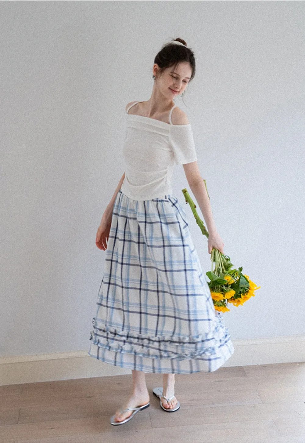 Blue-Check Ruffled Hem Midi Skirt