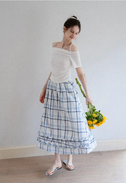 Blue-Check Ruffled Hem Midi Skirt