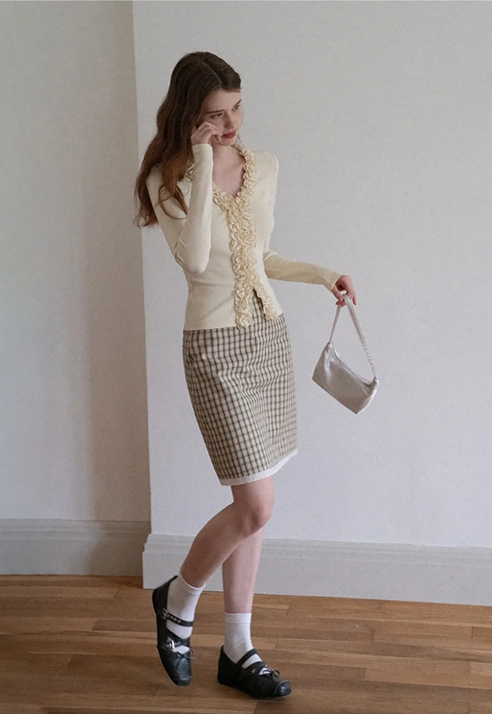 Women's Plaid A-Line Skirt with Lace Trim