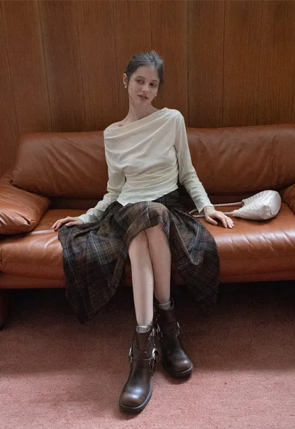 Women's Asymmetrical Plaid Midi Skirt 