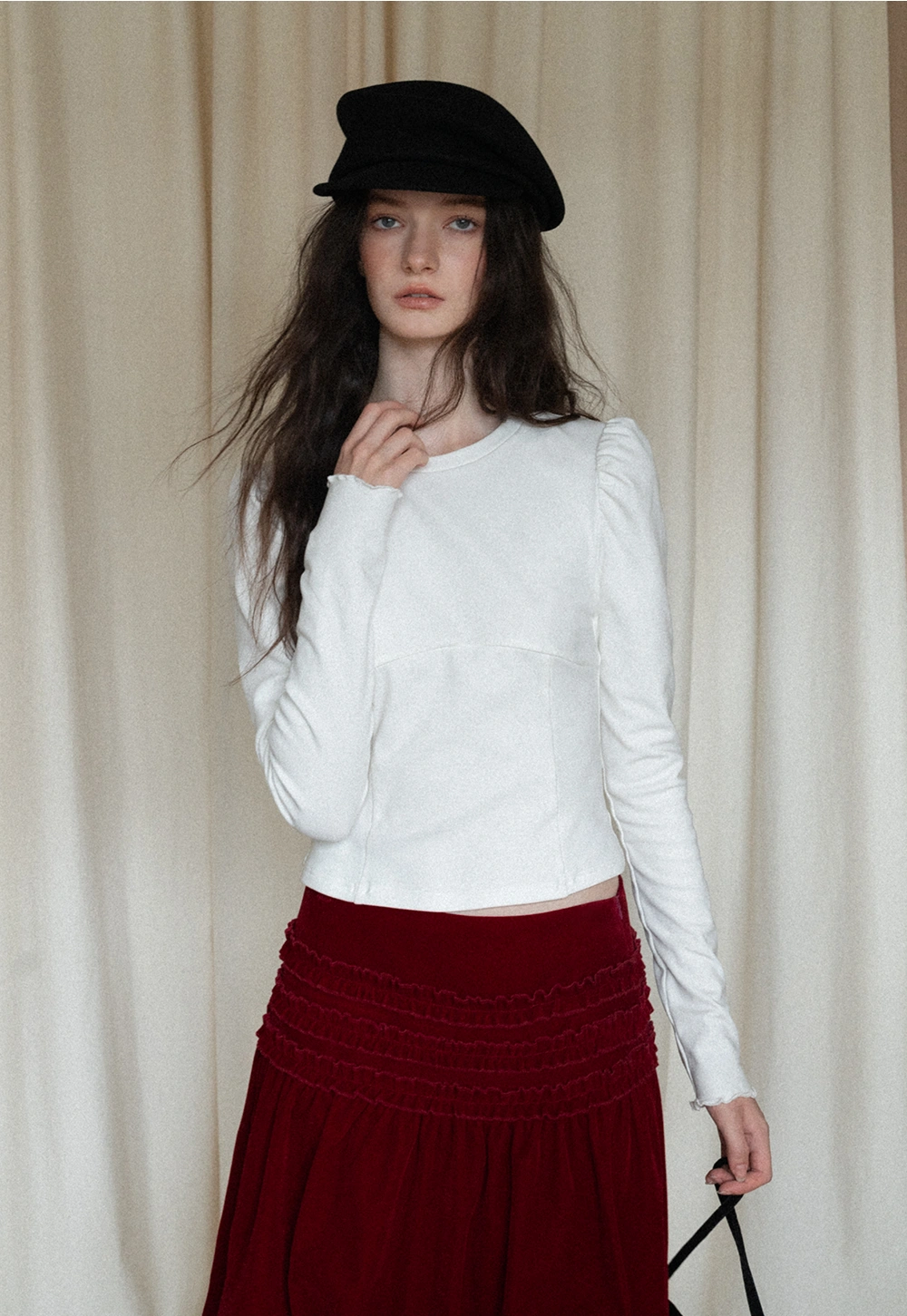 Women White Long Sleeve Top with Puff Sleeves