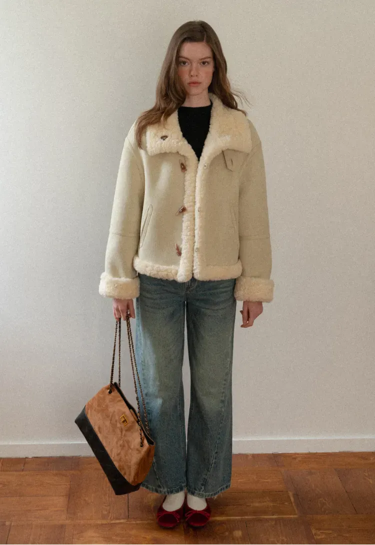 Dual-Wear Suede Patchwork Coat with Soft Teddy Fleece Lining