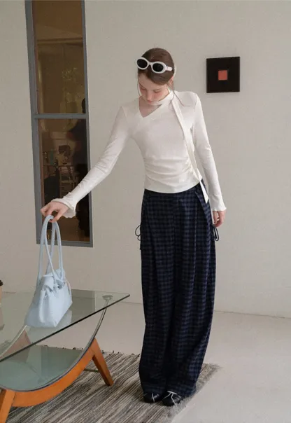 Asymmetrical Wrap Neck Long Sleeve Knit Top