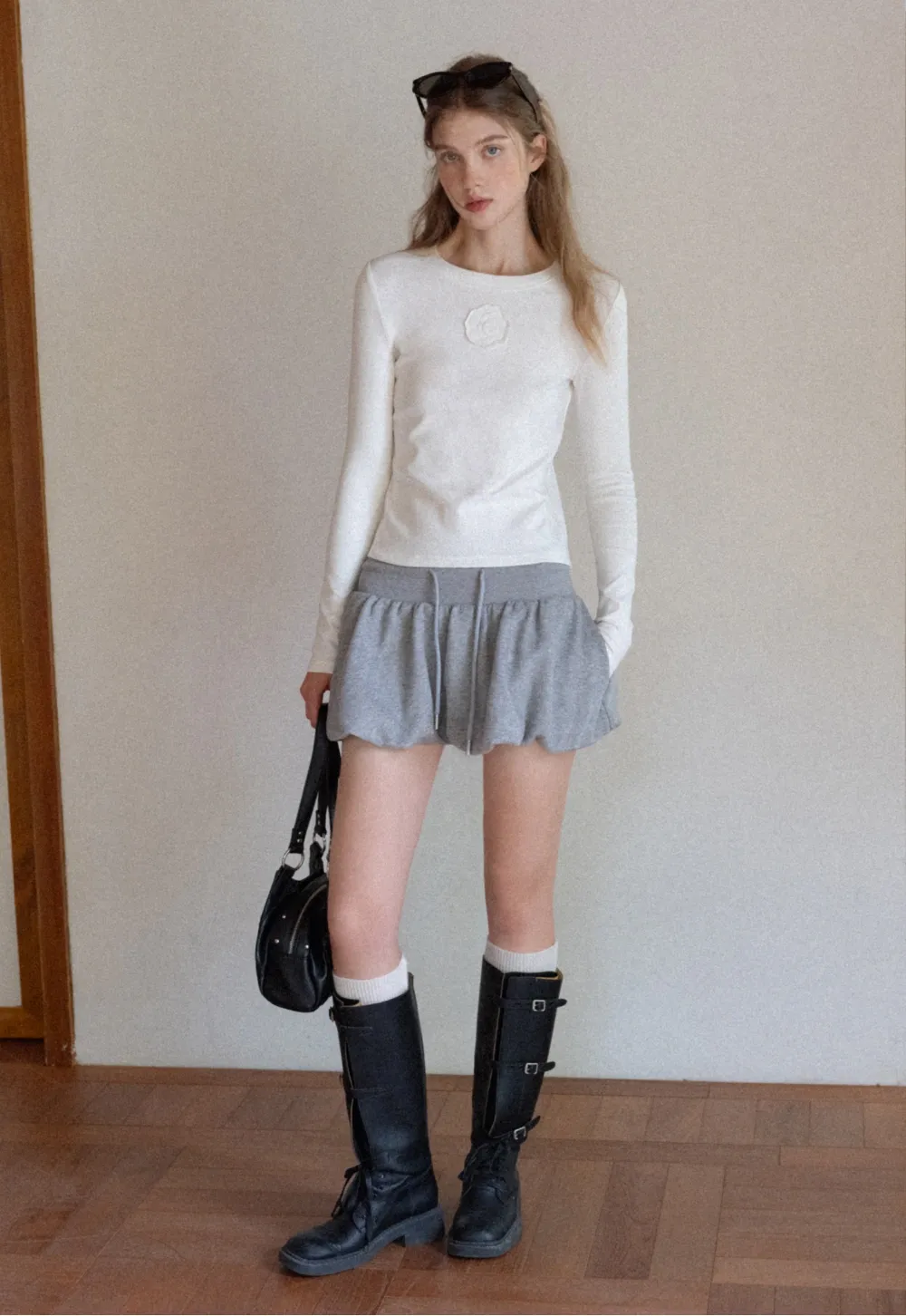 Women Long Sleeve Top with Flower Detail