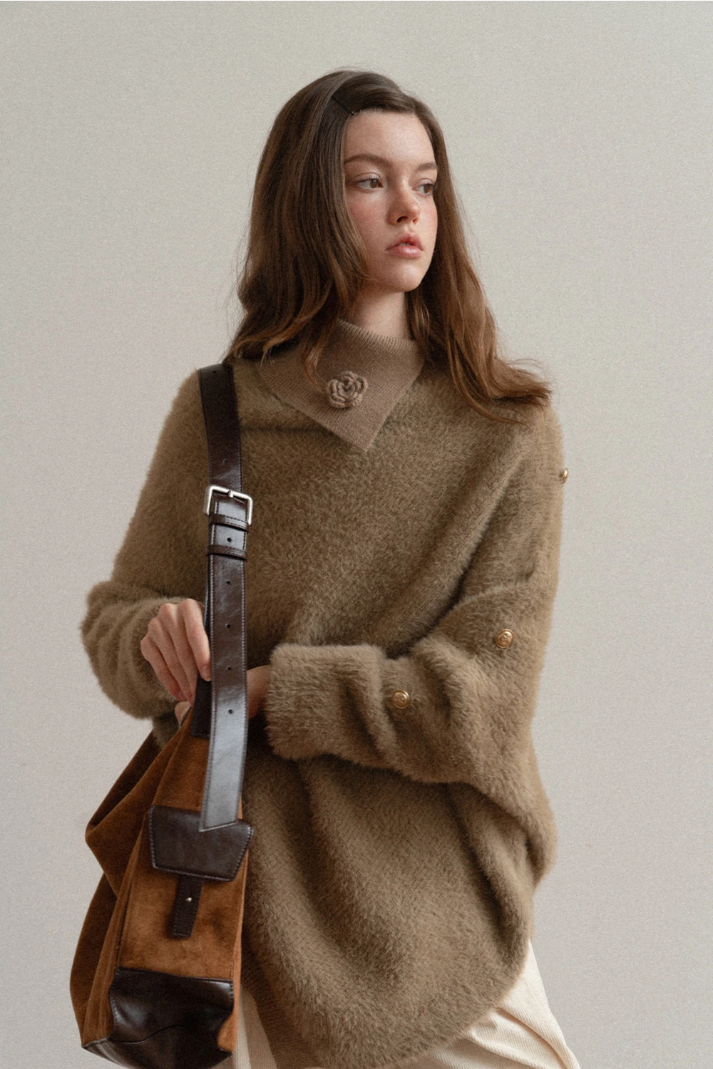 Cozy White Turtleneck Sweater Women Fuzzy Knit Top