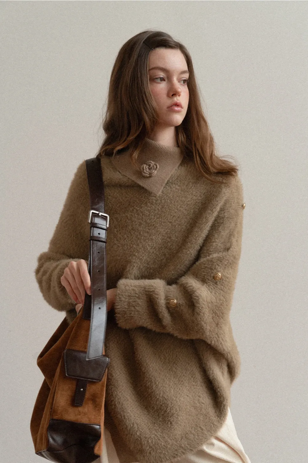 Cozy White Turtleneck Sweater Women Fuzzy Knit Top