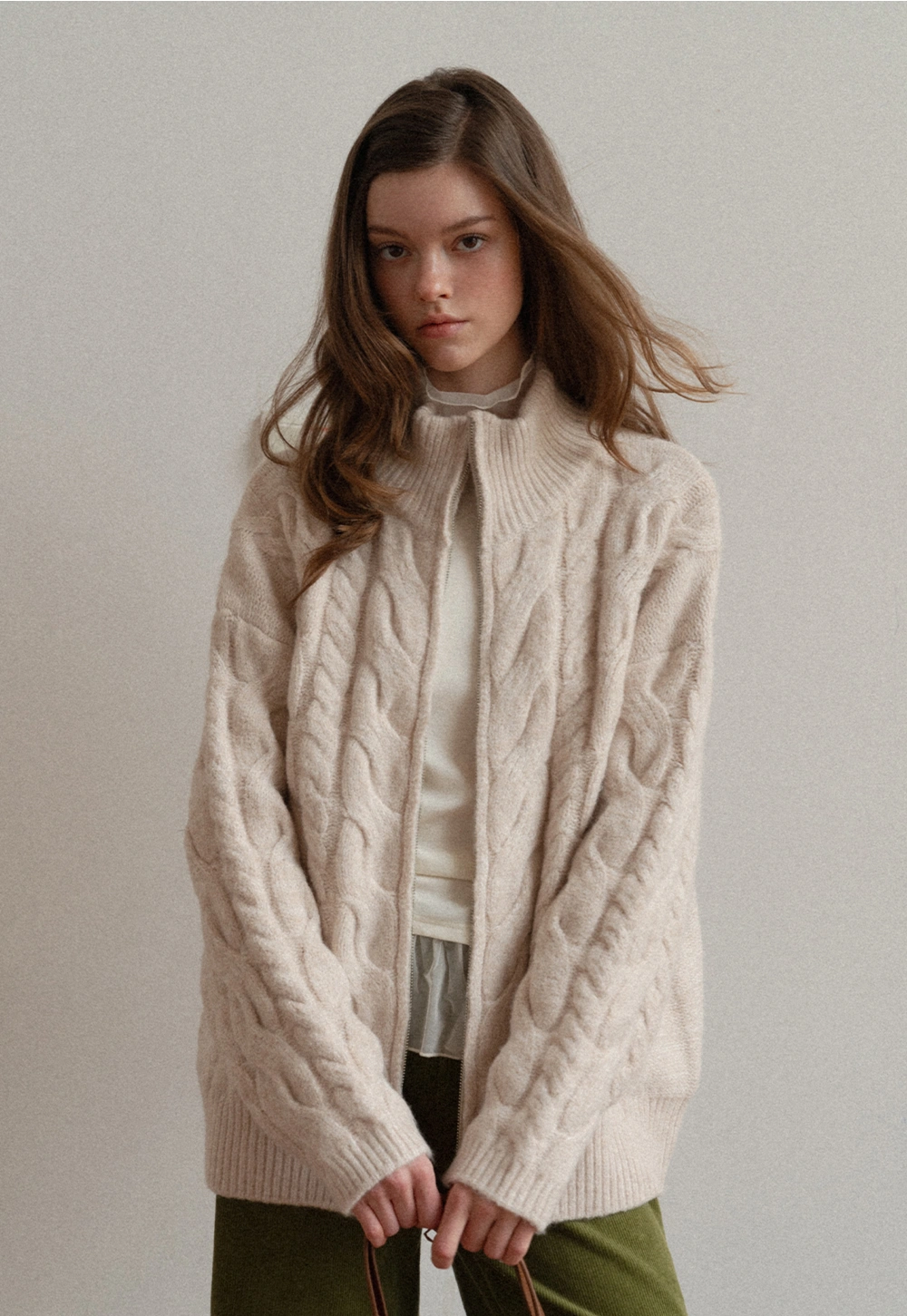 Women Cozy Cable Knit Cardigan with Zipper